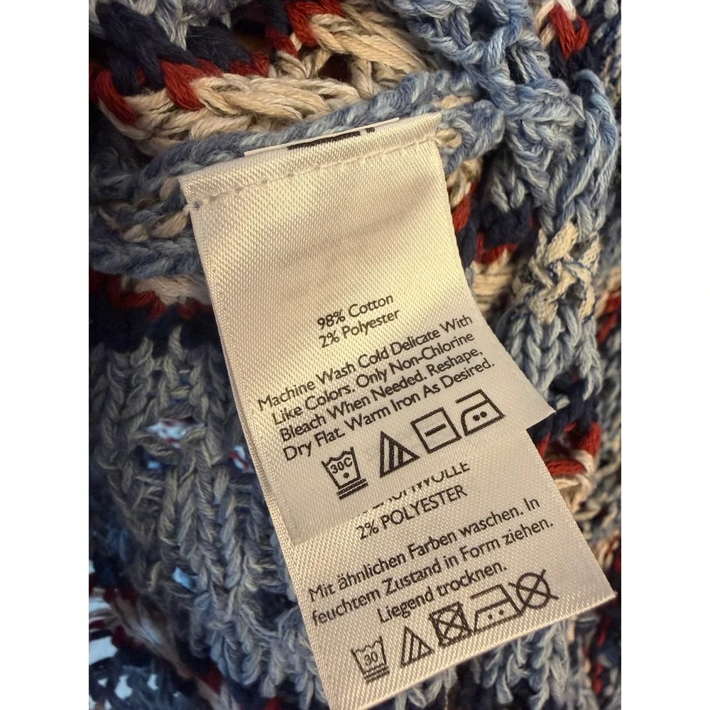 Eddie Bauer Womens Blue Striped Open Knit Hooded Sweater Pullover Medium Boho